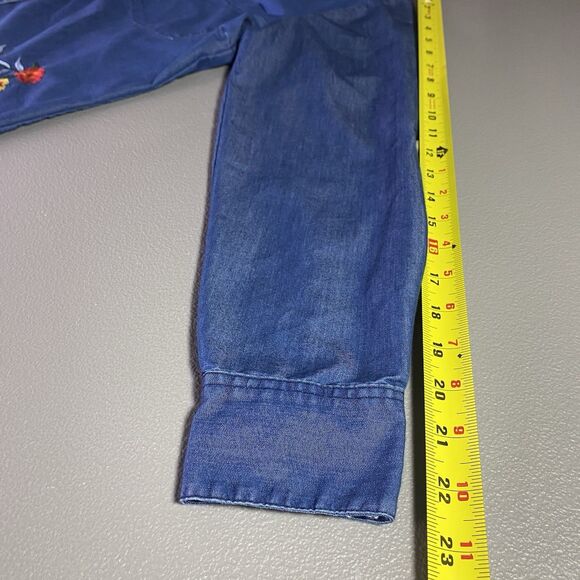 COMPANY ONE Shirt Embroidered V-Neck Long Sleeve Roll Tab Denim Womens S Blue - Picture 7 of 10